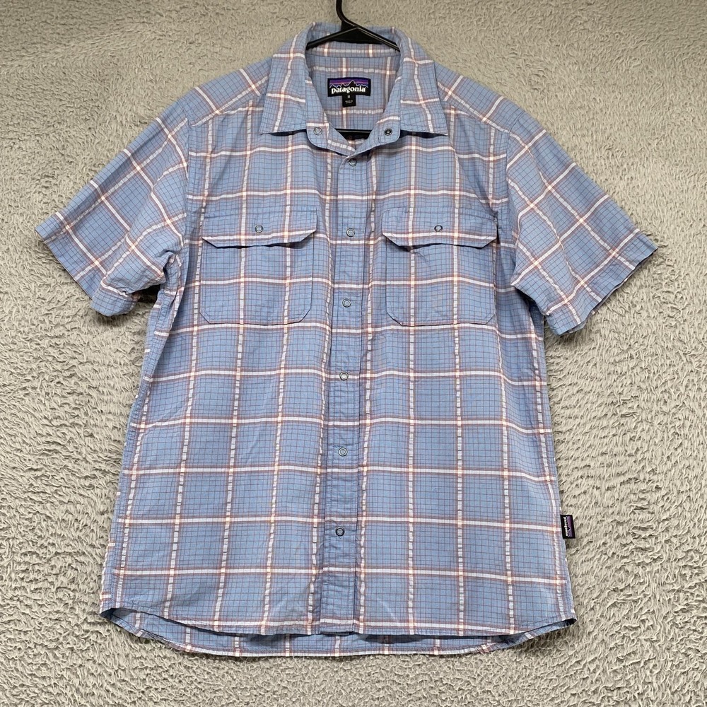Patagonia Plaid Shirt Mens Medium El Ray Nylon Short Sleeve Snap Front Hiking